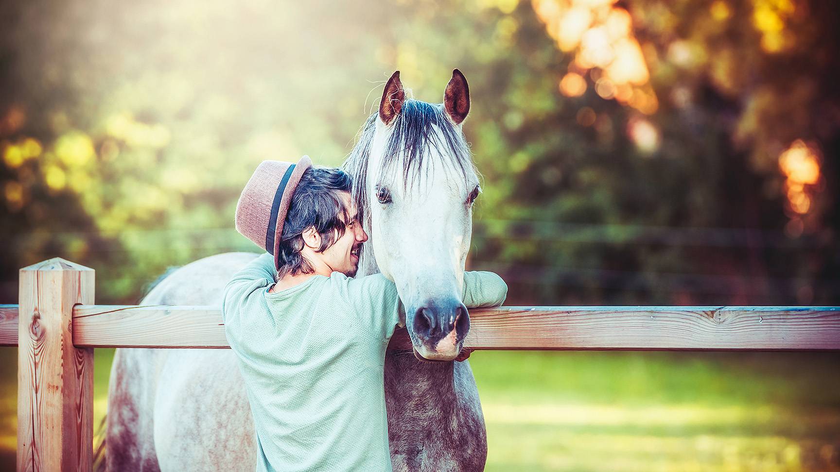 Mann umarmt Pferd am Zaun